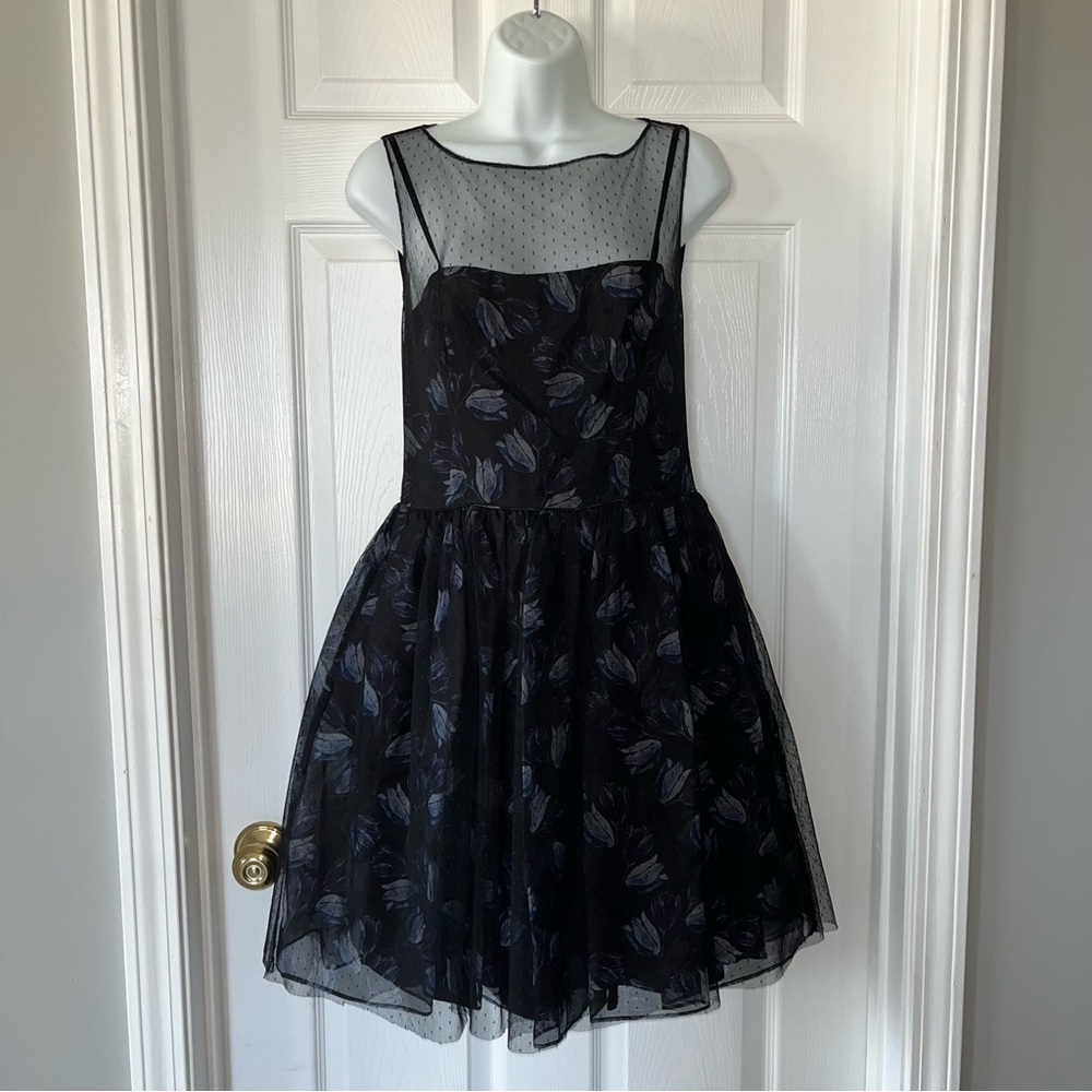 Jill Jill Stuart Floral Print Organza Mesh Fit & Flare Black Cocktail Dress SZ 6